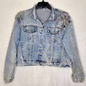 80s Design Bejeweled Rose Embellished Acid Wash Jean Jacket Size XL